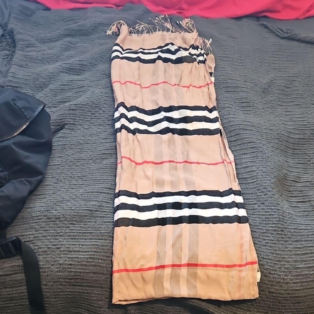 Designer Beige Striped Fringe Scarf with Black & Red Accents